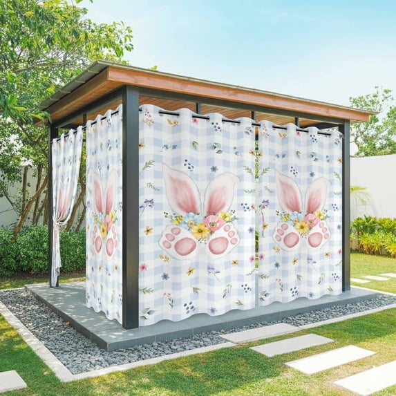 Outdoor Curtains for Patio Waterproof, Easter Outdoor Privacy Panels Grommet, Spring Rabbits Ears Feet Floral Blue Lattice Blackout Outside Curtains for Porch/Cabana/Pergola/Gazebo 54"x108", 2 Panels