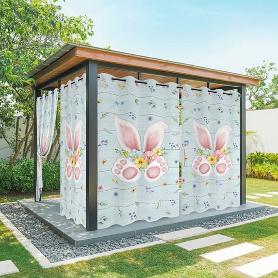 Outdoor Curtains for Patio Waterproof, Easter Outdoor Privacy Panels Grommet, Spring Rabbits Ears Feet Flowers Wooden Grain Blackout Outside Curtains for Porch/Cabana/Pergola/Gazebo 54"x108", 1 Panel