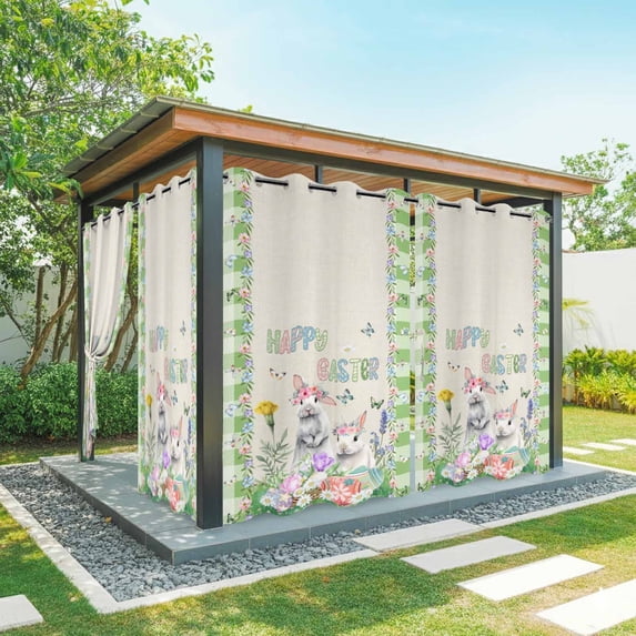 Outdoor Curtains for Patio Waterproof, Easter Outdoor Privacy Panels Grommet, Spring Rustic Rabbit Botanical Flowers Eggs Plaid Blackout Outside Curtains for Porch/Cabana 54"x108", 2 Panels
