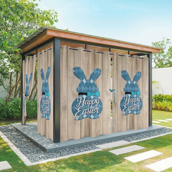 Outdoor Curtains for Patio Waterproof, Easter Outdoor Privacy Panels Grommet, Vintage Blue Cute Rabbit Brown Wooden Grain Blackout Outside Curtains for Porch/Cabana/Pergola/Gazebo 54"x84", 1 Panel