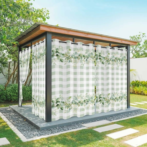 Outdoor Curtains for Patio Waterproof Eucalyptus Leaves Indoor/Outdoor Curtain Tiebacks Leaf Vines Sage Green Buffalo Plaid Privacy Sun Block Grommet Drapes for Pergolas Gazebo 2 Panel 54x108 Inch