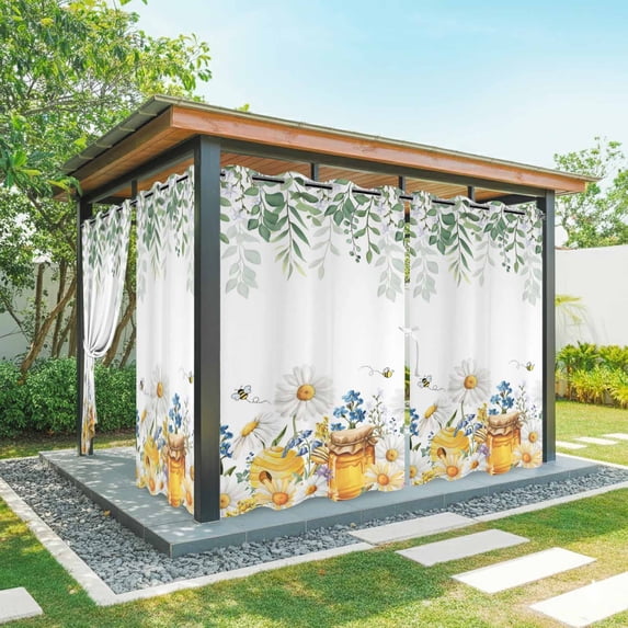 Outdoor Curtains for Patio Waterproof, Eucalyptus Leaves Outdoor Privacy Panels Grommet, Daisy Flower Spring Watercolor Country Floral Bee Blackout Outside Curtains for Porch/Cabana 54"x84", 1 Panel