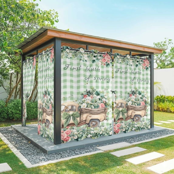 Outdoor Curtains for Patio Waterproof, Eucalyptus Trucks Outdoor Privacy Panels Grommet, Spring Farmhouse Floral Sage Green Plaid Blackout Outside Curtains for Porch/Cabana 54"x95", 2 Panels