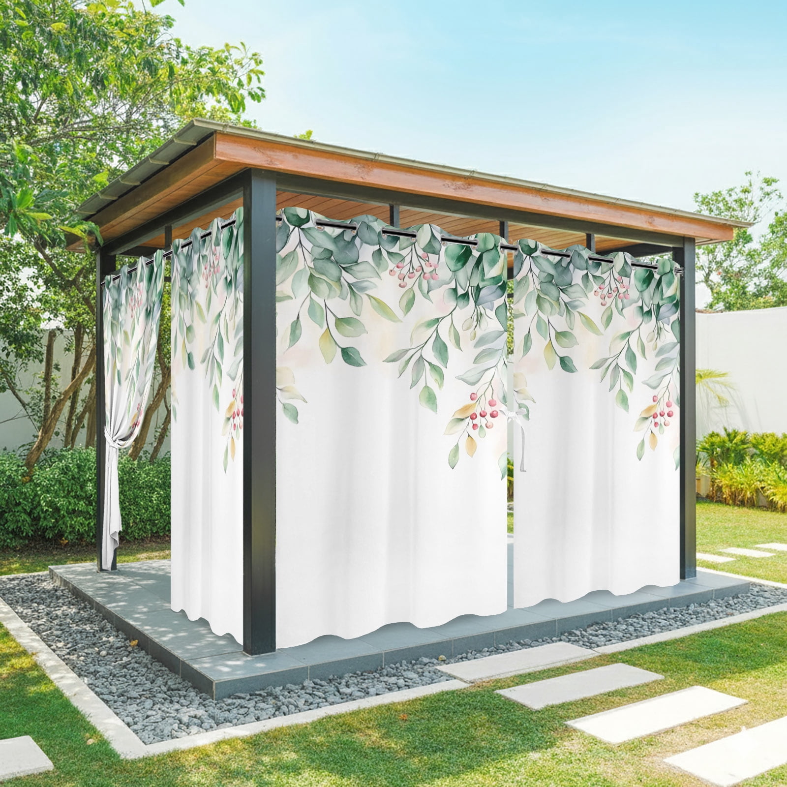 Outdoor Curtains for Patio Waterproof, Eucalyptus Windproof Pravicy Outside Porch Blackout Curtain, Retro Green Spring Botanical Leaf Red Fruit Sun Blocking Grommets Curtains for Cabana 54"x108"