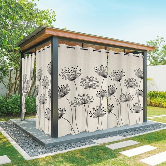 Outdoor Curtains for Patio Waterproof, Farmhouse Dandelion Outdoor Privacy Panels Grommet, Spring Modern Country Flower Black Beige Blackout Outside Curtains for Porch/Cabana 54"x95", 1 Panel
