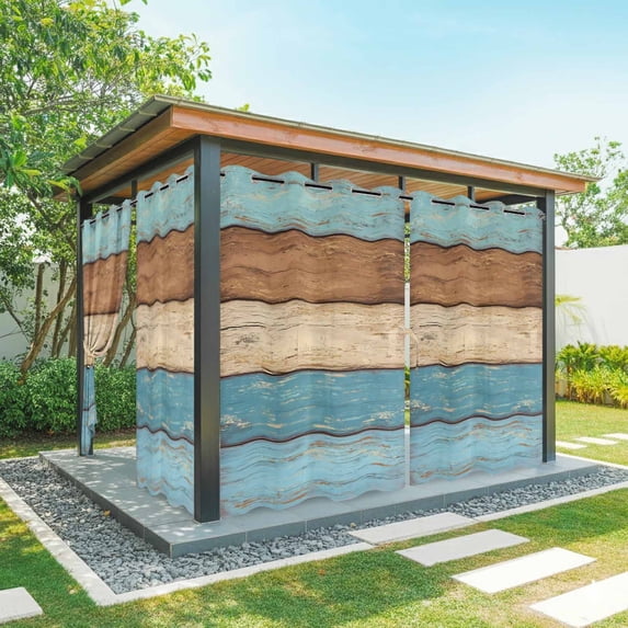 Outdoor Curtains for Patio Waterproof, Farmhouse Light Blue Brown Outdoor Privacy Panels Grommet, Vintage Wooden Striped Blackout Outside Curtains for Porch/Cabana/Pergola/Gazebo 54"x95", 1 Panel