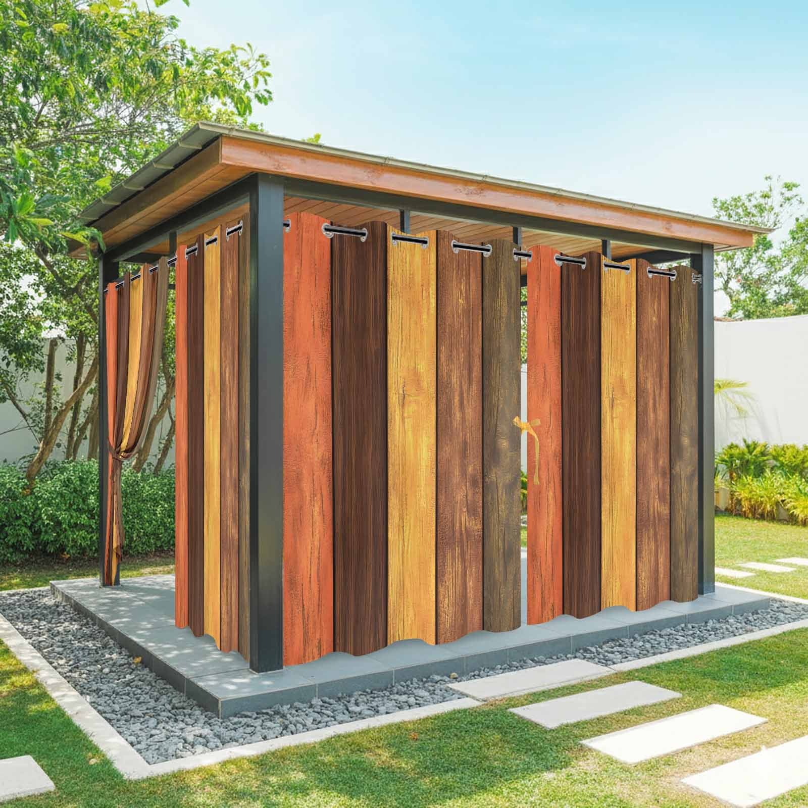 Outdoor Curtains for Patio Waterproof, Farmhouse Orange Brown Windproof Pravicy Outside Porch Blackout Curtain, Retro Vintage Wood Sun Blocking Grommets Curtains for Cabana Gazebo 54"x108"