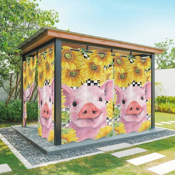 Outdoor Curtains for Patio Waterproof, Farmhouse Sunflowers Outdoor Privacy Panels Grommet, Country Watercolor Pig Black Plaid Blackout Outside Curtains for Porch/Cabana 54"x84", 1 Panel
