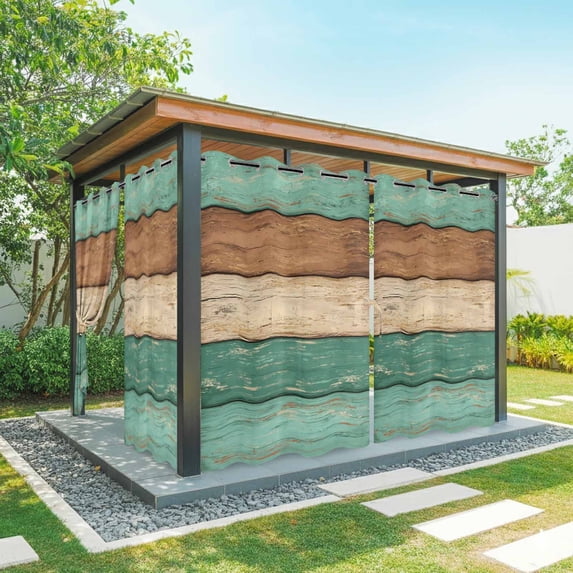 Outdoor Curtains for Patio Waterproof, Farmhouse Teal Brown Outdoor Privacy Panels Grommet, Vintage Wooden Striped Blackout Outside Curtains for Porch/Cabana/Pergola/Gazebo 54"x84", 2 Panels