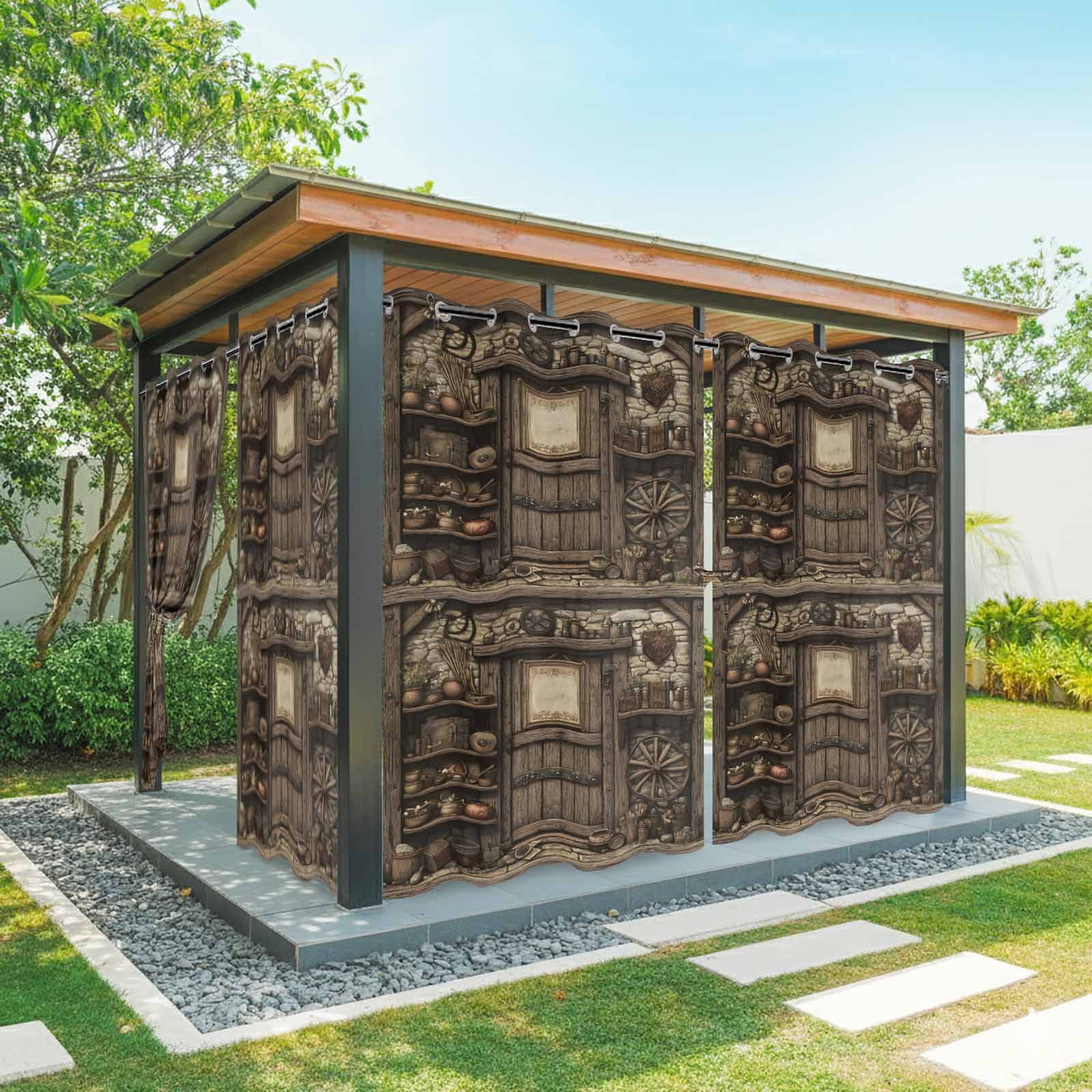 Outdoor Curtains for Patio Waterproof, Farmhouse Wooden Windproof Pravicy Outside Porch Blackout Curtain, Old Vintage Antique Time Cottage Scene Sun Blocking Grommets Curtains for Cabana 54"x108"