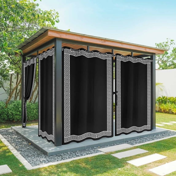 Outdoor Curtains for Patio Waterproof Geometric Greek Key Design Indoor/Outdoor Curtain Tiebacks Black Privacy Curtain Sun Block Grommet Drapes for Pergolas Gazebo Porch Balcony 2 Panel 54x84 Inch