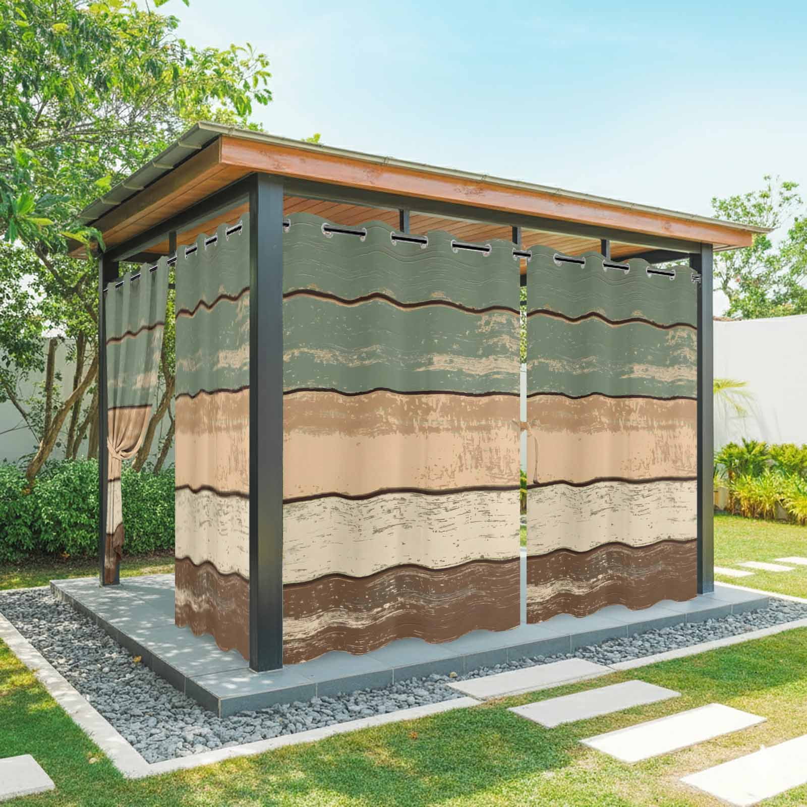 Outdoor Curtains for Patio Waterproof, Green Brown Farmhouse Windproof Pravicy Outside Porch Blackout Curtain, Vintage Wooden Sun Blocking Grommets Curtains for Cabana Gazebo 54"x108"