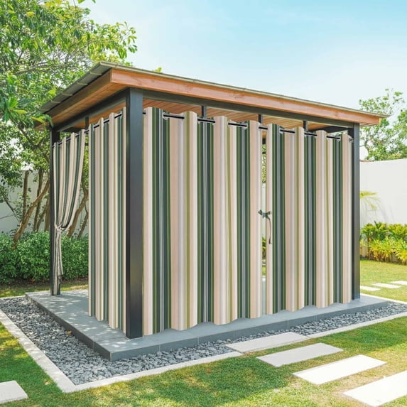 Outdoor Curtains for Patio Waterproof, Green Brown Striped Windproof Pravicy Outside Porch Blackout Curtain, Modern Stripes Art Farmhouse Sun Blocking Grommets Curtains for Cabana 2 Panels 54"x95"