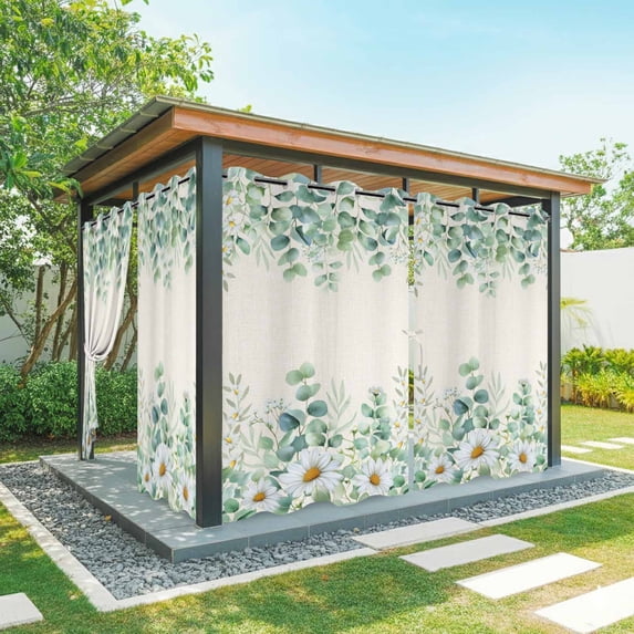Outdoor Curtains for Patio Waterproof, Green Eucalyptus Leaves Outdoor Privacy Panels Grommet, Daisy Summer Botanical Watercolor Blackout Outside Curtains for Porch/Cabana 54"x84", 2 Panels