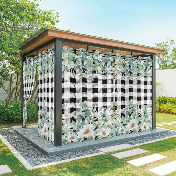 Outdoor Curtains for Patio Waterproof, Green Eucalyptus Leaves Outdoor Privacy Panels Grommet, Summer Botanical Daisy Black Plaid Blackout Outside Curtains for Porch/Cabana 54"x108", 1 Panel
