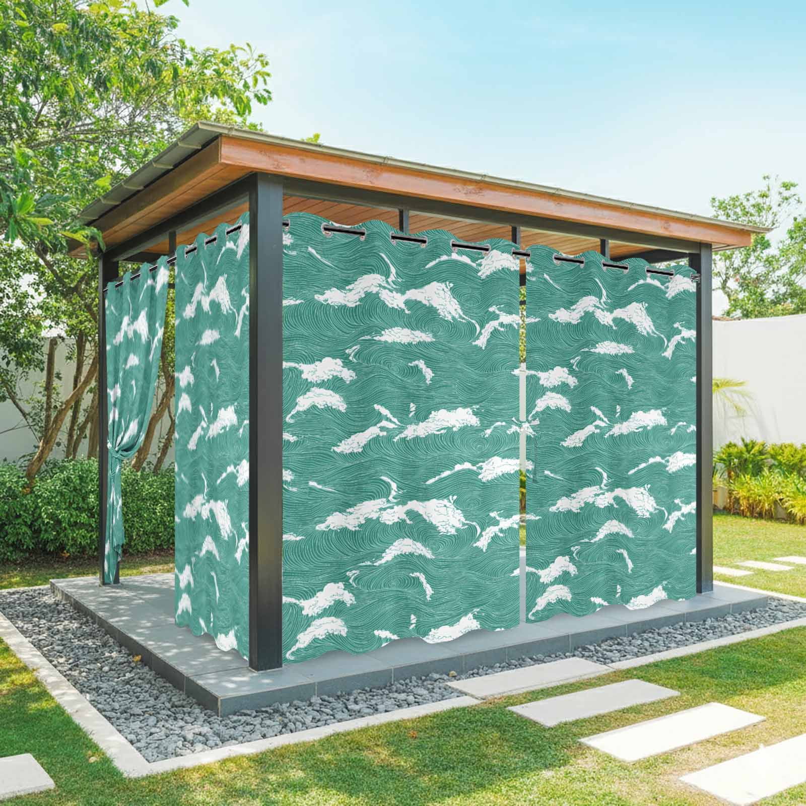 Outdoor Curtains for Patio Waterproof Green Ocean Waves Indoor/Outdoor Curtain Tiebacks Wavy Lines Privacy Curtain Sun Blocking Grommet Drapes for Pergolas Gazebo Porch Balcony 2 Panel 54x108 Inch