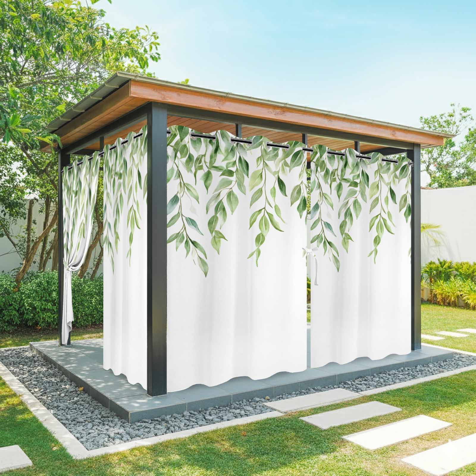 Outdoor Curtains for Patio Waterproof, Green Vines Windproof Pravicy Outside Porch Blackout Curtain, Spring Botanical Plants Leaves Farmhouse Sun Blocking Grommets Curtains for Cabana Gazebo 54"x108"