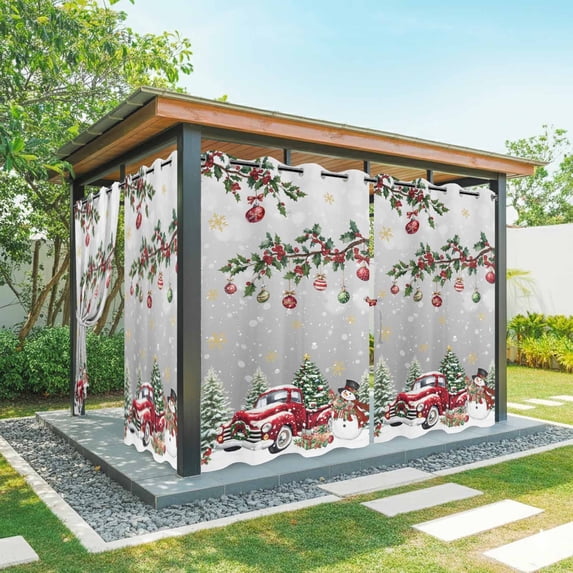 Outdoor Curtains for Patio Waterproof, Grey Christmas Outdoor Privacy Panels Grommet, Xmas Snowman Truck Snowflake Tree Balls Blackout Outside Curtains for Porch/Cabana 54"x95", 2 Panels