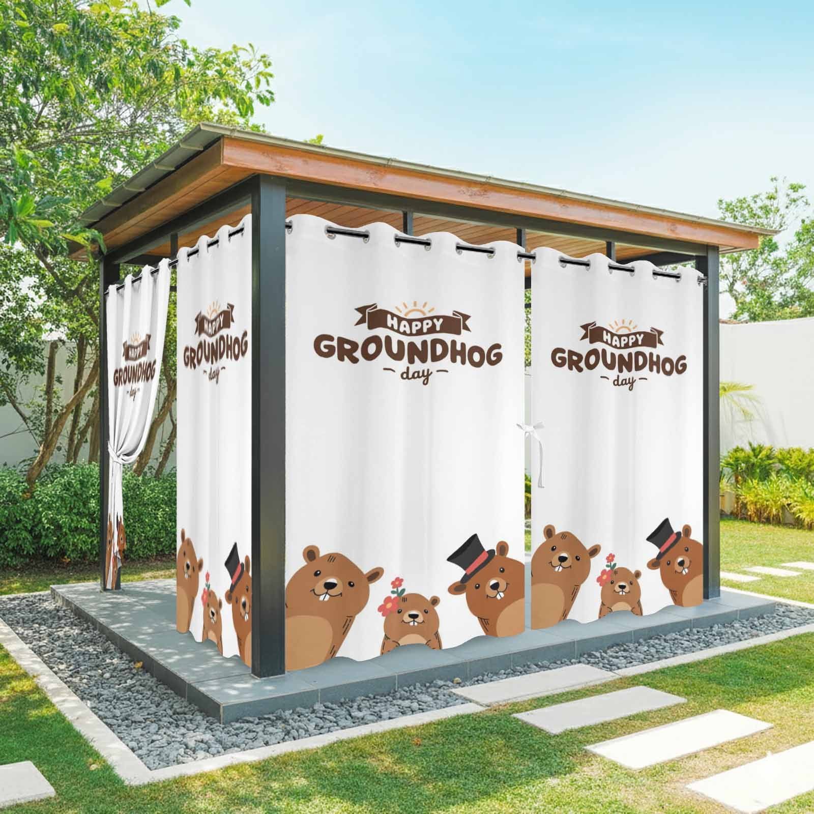 Outdoor Curtains for Patio Waterproof, Groundhog Day Outdoor Privacy Panels Grommet, Cartoon Funny Modern Farmhouse Country Cute Blackout Outside Curtains for Porch/Cabana 54"x108", 1 Panel