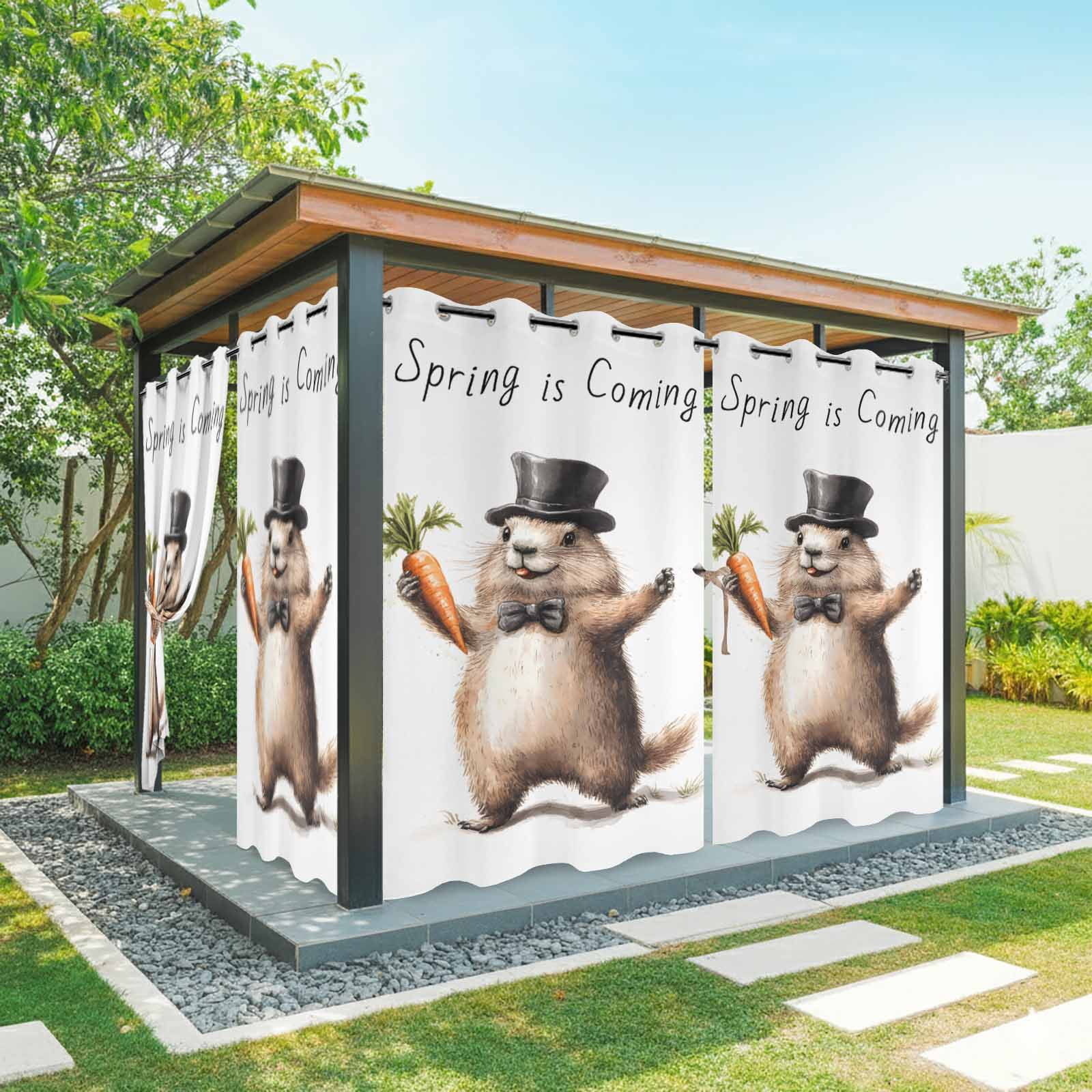 Outdoor Curtains for Patio Waterproof, Groundhog Day Windproof Pravicy Outside Porch Blackout Curtain, Spring Cute Brown Aniamls Carrot Sun Blocking Grommets Curtains for Cabana Gazebo 54"x108"