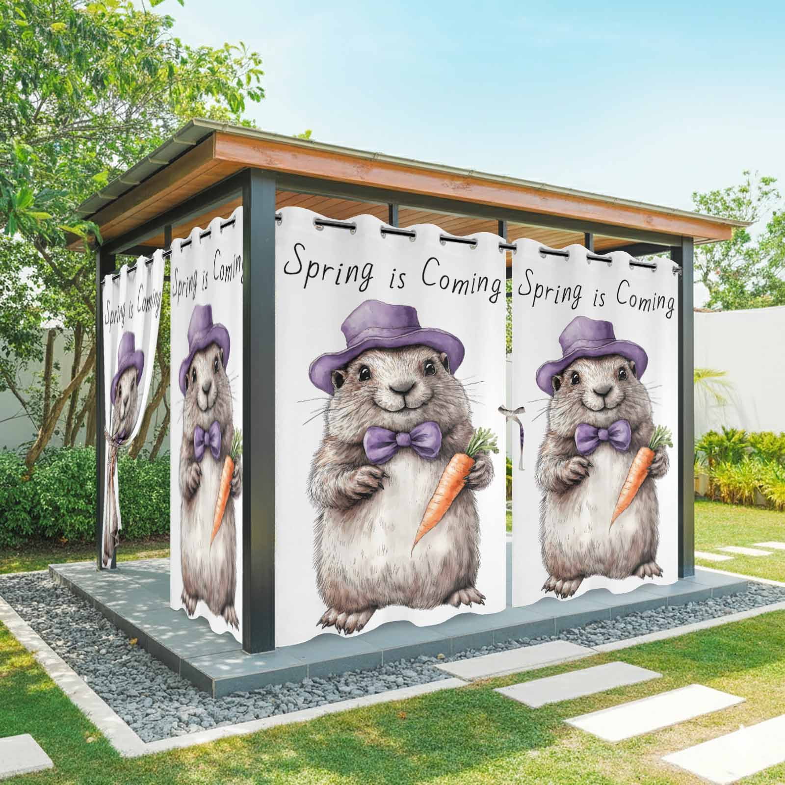 Outdoor Curtains for Patio Waterproof, Groundhog Day Windproof Pravicy Outside Porch Blackout Curtain, Spring Cute Grey Animals Carrot Sun Blocking Grommets Curtains for Cabana Gazebo 54"x108"
