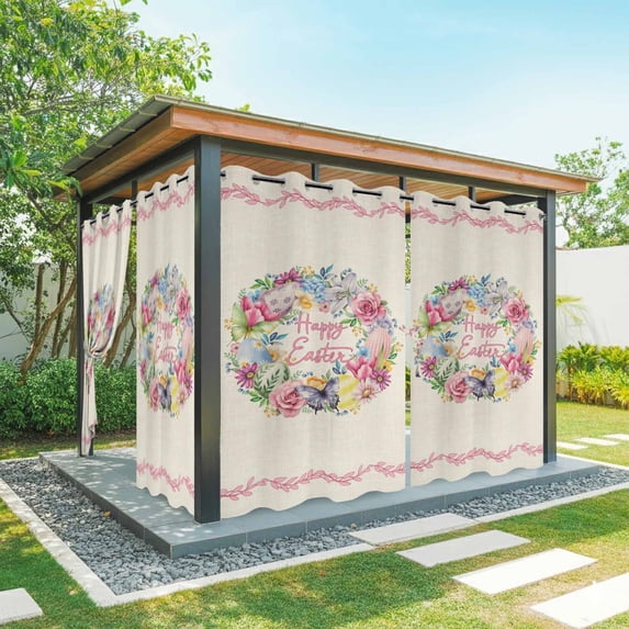 Outdoor Curtains for Patio Waterproof, Happy Easter Outdoor Privacy Panels Grommet, Spring Flower Pastoral Butterfly Retro Beige Blackout Outside Curtains for Porch/Cabana 54"x95", 2 Panels