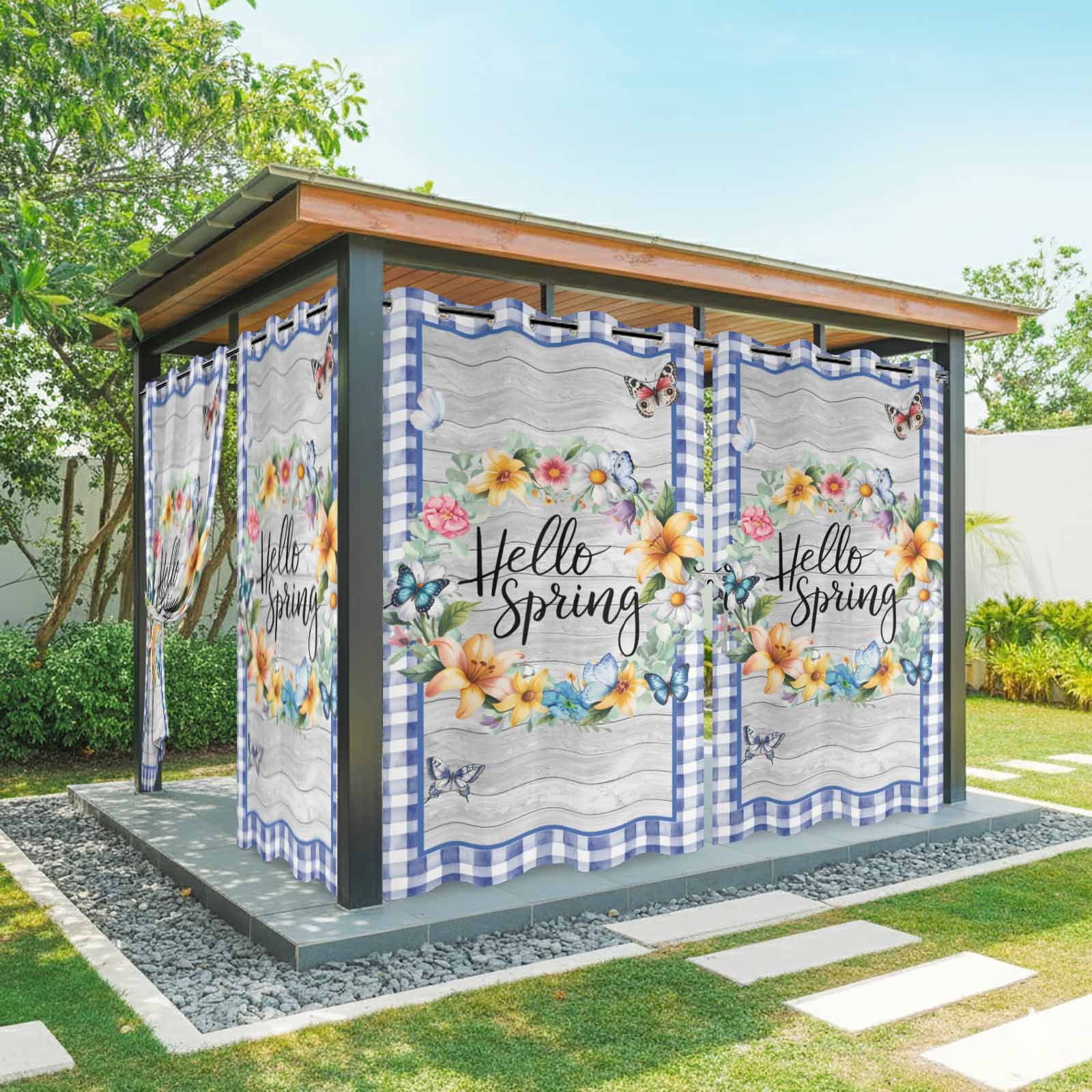Outdoor Curtains for Patio Waterproof, Hello Spring Windproof Pravicy Outside Porch Blackout Curtain, Farmhouse Floral Eucalyptus Wood Blue Plaid Sun Blocking Grommets Curtains for Cabana 54"x108"