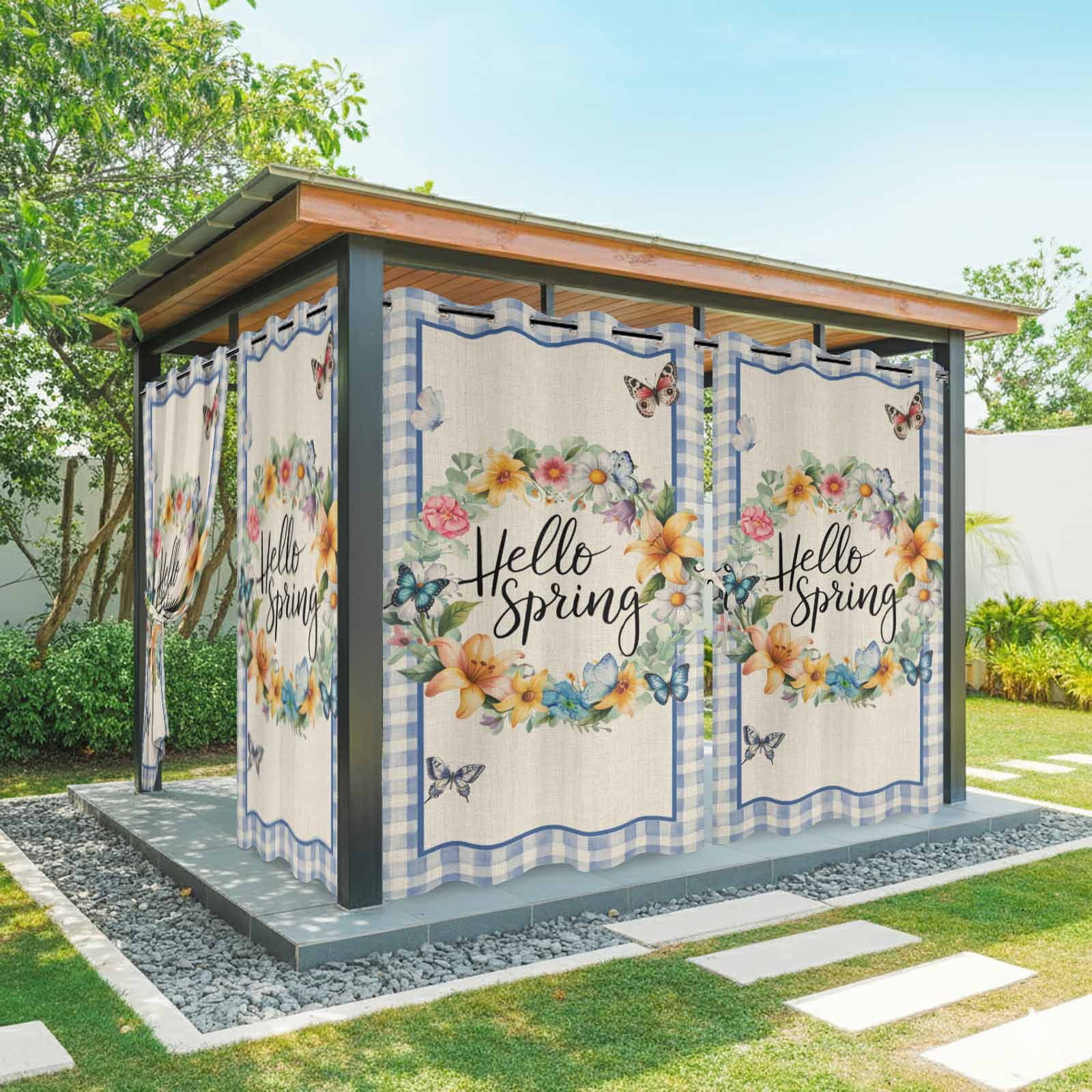 Outdoor Curtains for Patio Waterproof, Hello Spring Windproof Pravicy Outside Porch Blackout Curtain, Farmhouse Floral Eucalyptus Wood Plaid Burlap Sun Blocking Grommets Curtains for Cabana 54"x108"
