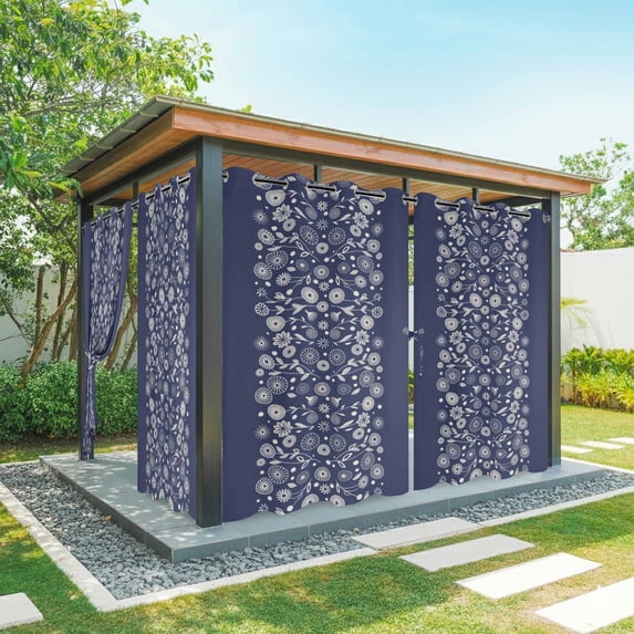 Outdoor Curtains for Patio Waterproof, Japanese Outdoor Privacy Panels Grommet, Navy Blue Country Flowers Leaves Aesthetic Blackout Outside Curtains for Porch/Cabana/Pergola/Gazebo 54"x84", 1 Panel