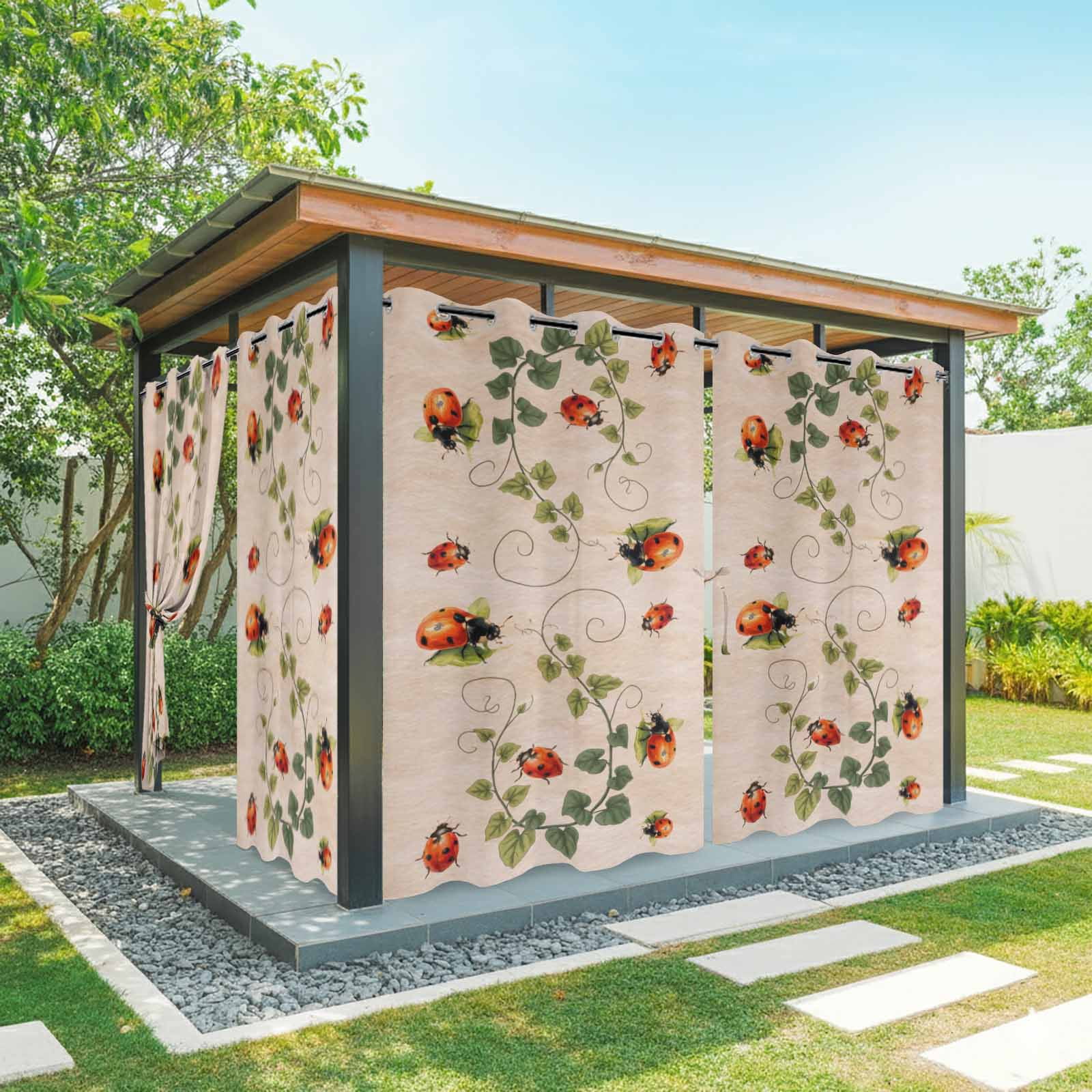 Outdoor Curtains for Patio Waterproof, Ladybugs Eucalyptus Leaves Outdoor Privacy Panels Grommet, Spring Botanical Vintage Blackout Outside Curtains for Porch/Cabana/Pergola/Gazebo 54"x108", 1 Panel