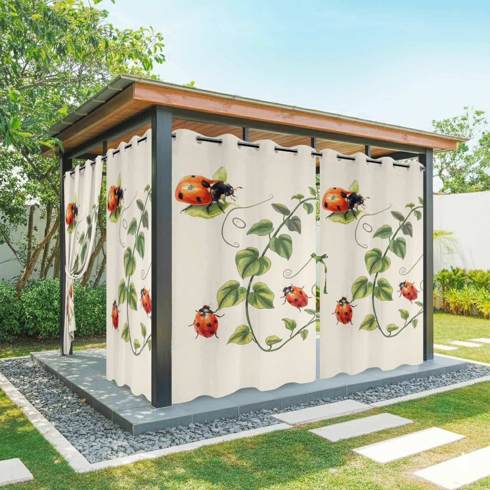 Outdoor Curtains for Patio Waterproof, Ladybugs Eucalyptus Outdoor Privacy Panels Grommet, Spring Botanical Leaves Green Blackout Outside Curtains for Porch/Cabana/Pergola/Gazebo 54"x108", 2 Panels