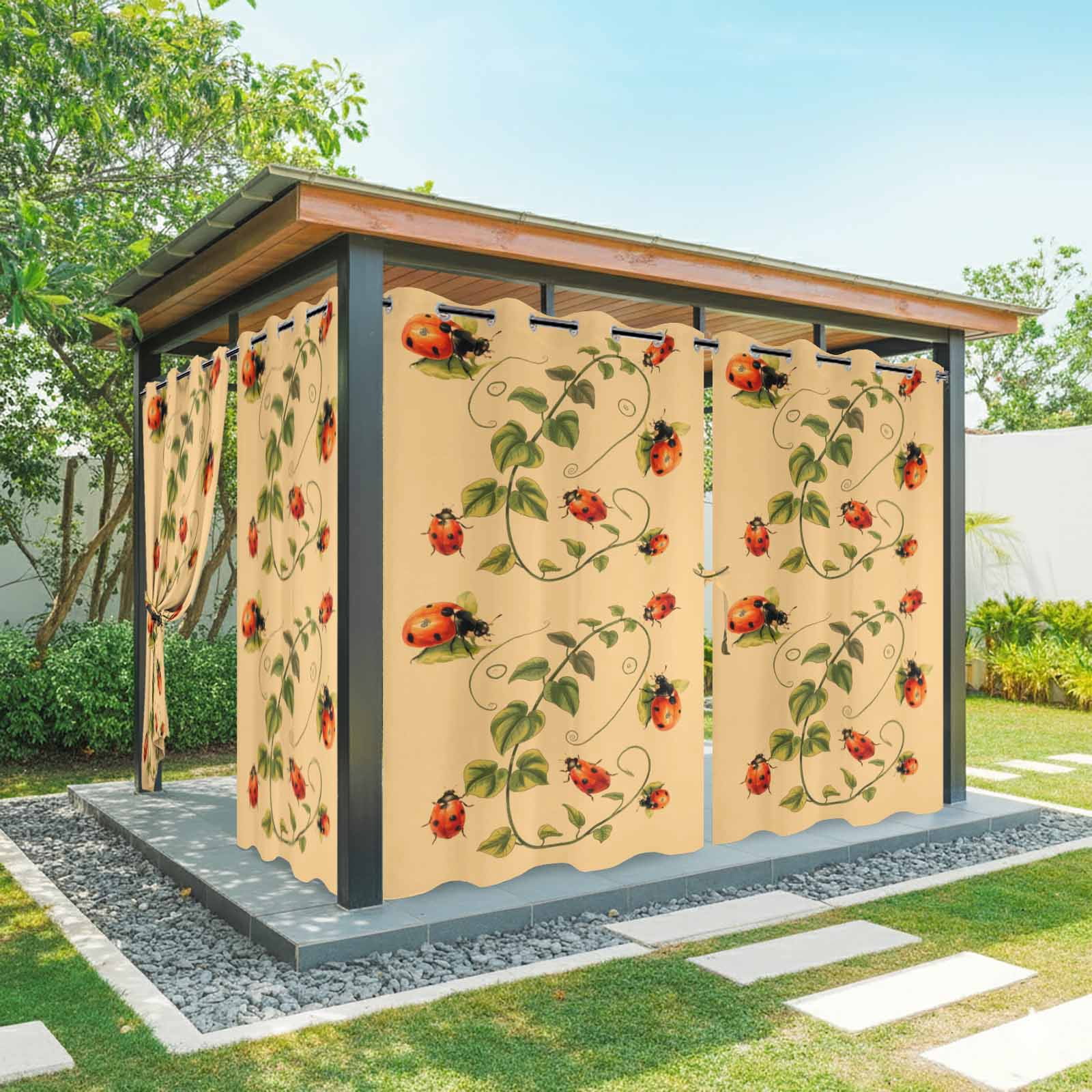 Outdoor Curtains for Patio Waterproof, Ladybugs Eucalyptus Outdoor Privacy Panels Grommet, Spring Botanical Leaves Yellow Blackout Outside Curtains for Porch/Cabana/Pergola/Gazebo 54"x84", 1 Panel