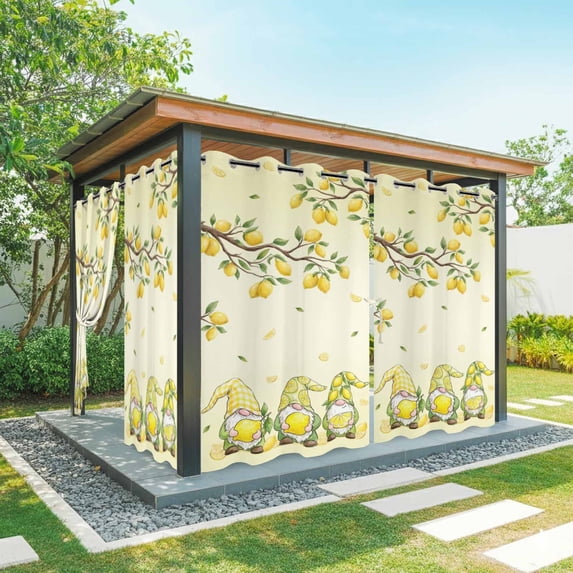 Outdoor Curtains for Patio Waterproof, Lemon Gnomes Windproof Pravicy Outside Porch Blackout Curtain, Summer Tropical Lemon Fruits Yellow Sun Blocking Grommets Curtains for Cabana Gazebo 54"x95"