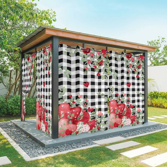 Outdoor Curtains for Patio Waterproof, Love Heart Valentines Day Outdoor Privacy Panels Grommet, Botanical Eucalyptus Red Black Plaid Blackout Outside Curtains for Porch/Cabana 54"x108", 2 Panels
