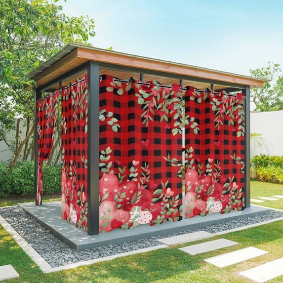 Outdoor Curtains for Patio Waterproof, Love Heart Valentines Day Outdoor Privacy Panels Grommet, Botanical Eucalyptus Red Plaid Blackout Outside Curtains for Porch/Cabana 54"x108", 1 Panel