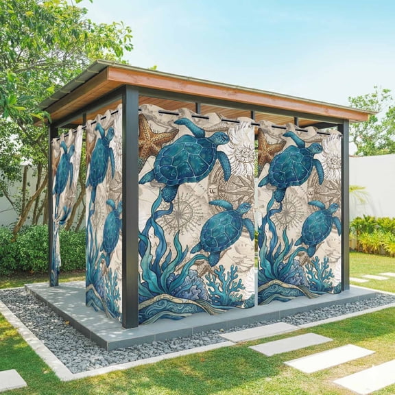 Outdoor Curtains for Patio Waterproof, Nautical Coastal Windproof Pravicy Outside Porch Blackout Curtain, Retro Marine Life Turtle Map Compass Beige Sun Blocking Grommets Curtains for Cabana 54"x84"