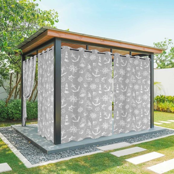 Outdoor Curtains for Patio Waterproof, Nautical Grey Windproof Pravicy Outside Porch Blackout Curtain, Retro Sailing Boat Map Anchor Rudder Sun Blocking Grommets Curtains for Cabana Gazebo 54"x84"