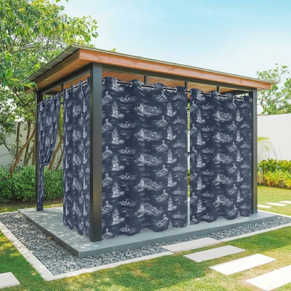 Outdoor Curtains for Patio Waterproof, Nautical Ship Windproof Pravicy Outside Porch Blackout Curtain, Farmhouse Blue Ocean Lighthouse Mountain Sun Blocking Grommets Curtains for Cabana 54"x84"
