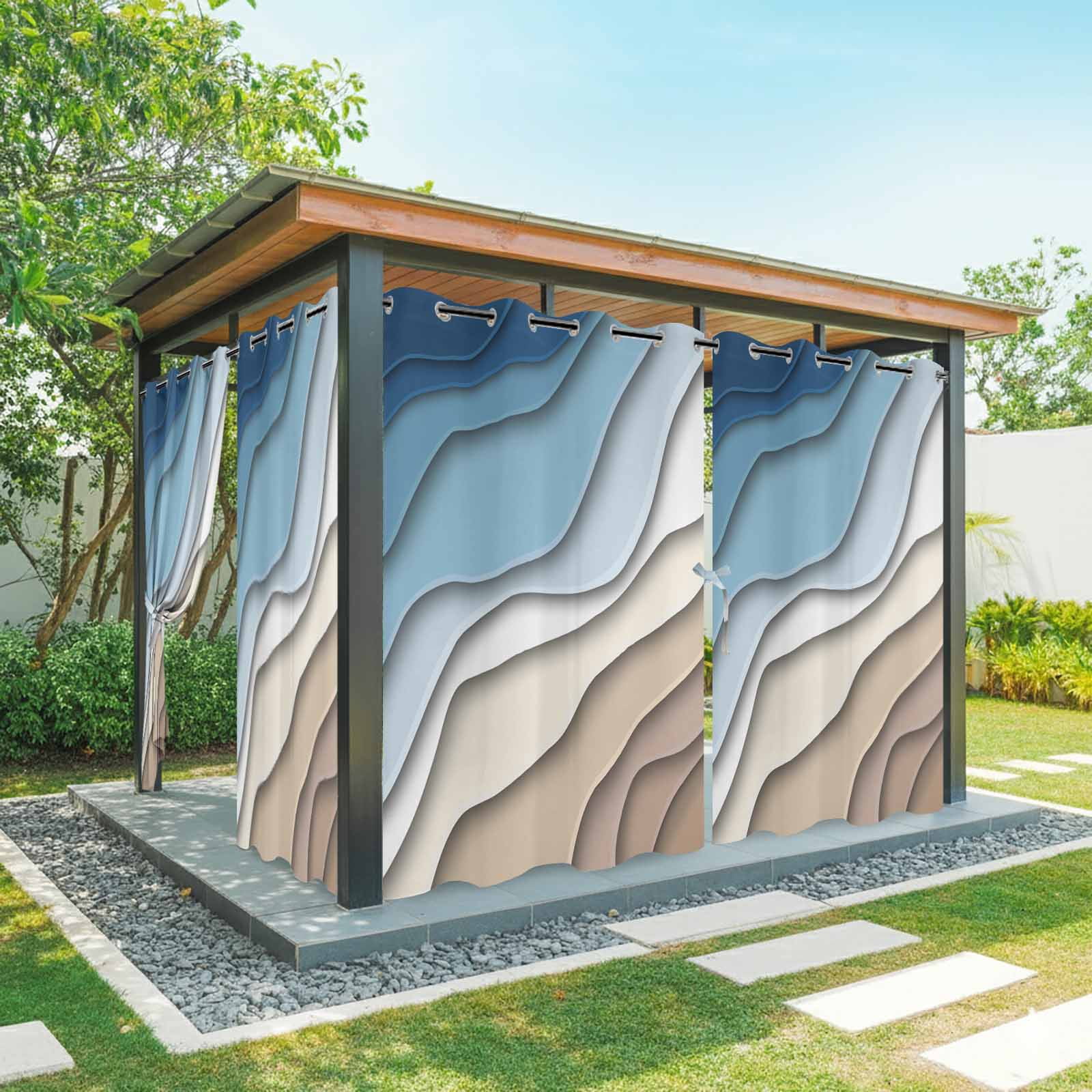 Outdoor Curtains for Patio Waterproof, Navy Blue Brown Ombre Windproof Pravicy Outside Porch Blackout Curtain, Modern Geometric Abstract Cream Sun Blocking Grommets Curtains for Cabana 54"x108"