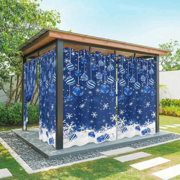 Outdoor Curtains for Patio Waterproof, Navy Blue Christmas Windproof Pravicy Outside Porch Blackout Curtain, Weeping Xmas Ball Snowflake Winter Sun Blocking Grommets Curtains for Cabana 54"x84"