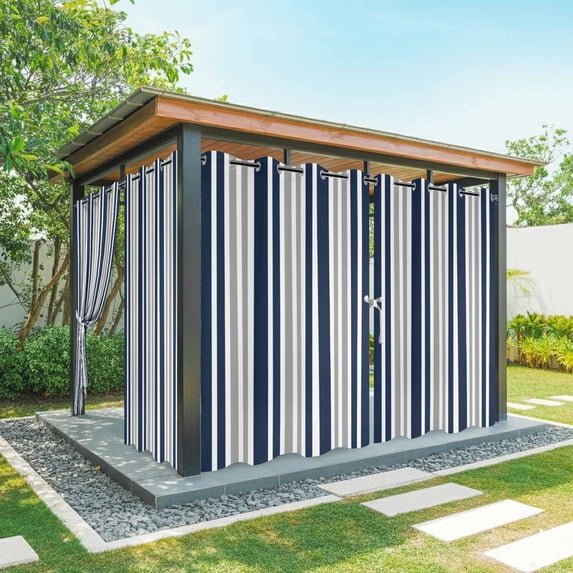 Outdoor Curtains for Patio Waterproof, Navy Blue Grey Striped Windproof Pravicy Outside Porch Blackout Curtain, Modern Minimalist Ombre Lines Sun Blocking Curtains for Cabana 2 Panels 54"x95"
