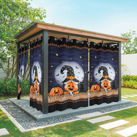 Outdoor Curtains for Patio Waterproof, Navy Blue Halloween Outdoor Privacy Panels Grommet, Pumpkins Stars Gnomes Cat Modern Art Blackout Outside Curtains for Porch/Cabana 54"x95", 2 Panels