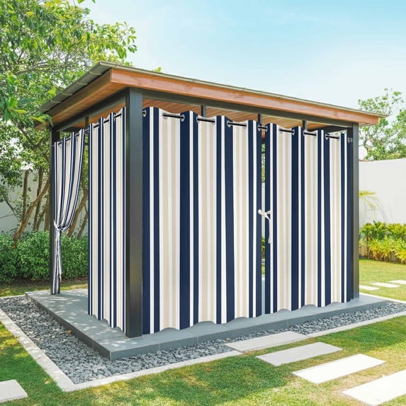 Outdoor Curtains for Patio Waterproof, Navy Blue Khaki Striped Windproof Pravicy Outside Porch Blackout Curtain, Modern Minimalist Ombre Lines Sun Blocking Curtains for Cabana 2 Panels 54"x84"