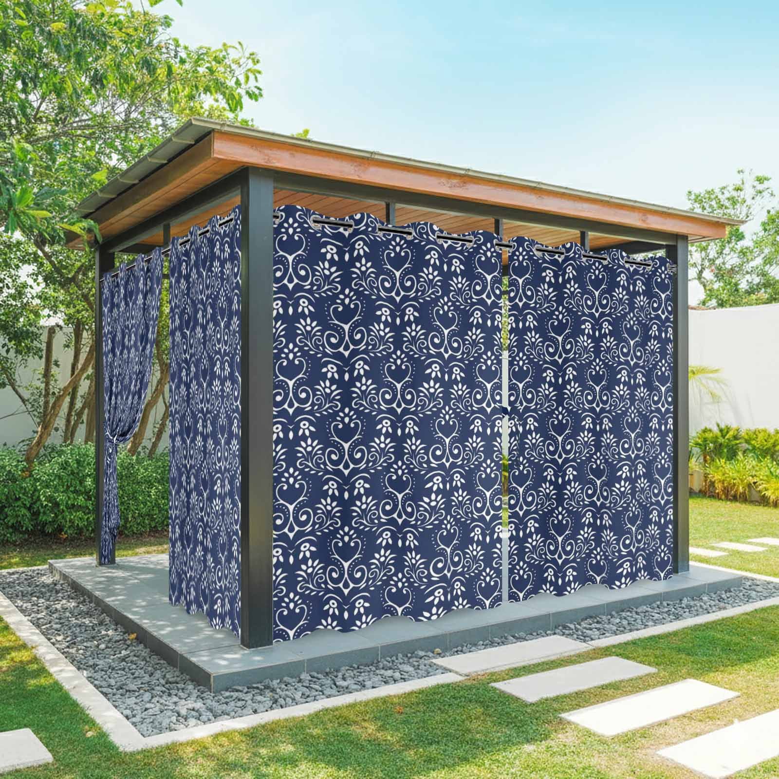 Outdoor Curtains for Patio Waterproof, Navy Blue Spring Floral Windproof Pravicy Outside Porch Blackout Curtain, Modern Abstract Art Farmhouse Sun Blocking Grommets Curtains for Cabana 54"x108"