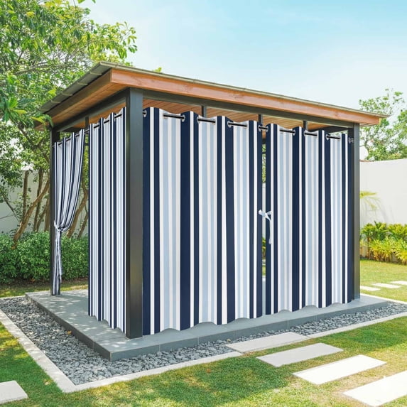 Outdoor Curtains for Patio Waterproof, Navy Blue Windproof Pravicy Outside Porch Blackout Curtain, Modern White Geometric Vertical Stripes Sun Blocking Grommets Curtains for Cabana 2 Panels 54"x84"