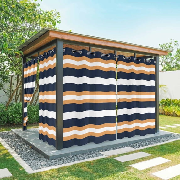 Outdoor Curtains for Patio Waterproof, Orange Navy Blue Striped Windproof Pravicy Outside Porch Blackout Curtain, Minimalist Farmhouse Lines Sun Blocking Grommets Curtains for Cabana 2 Panels 54"x84"