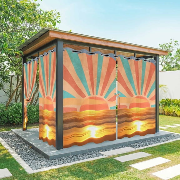 Outdoor Curtains for Patio Waterproof, Orange Sunset Outdoor Privacy Panels Grommet, Abstract See Beach Landscape Vintage Blackout Outside Curtains for Porch/Cabana/Pergola/Gazebo 54"x84", 1 Panel