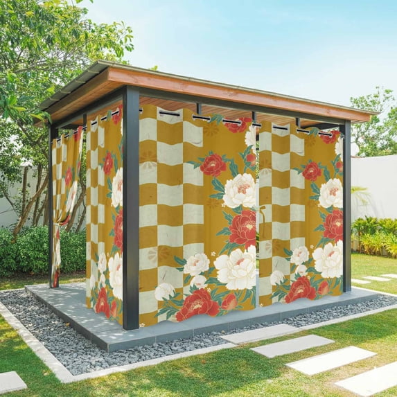 Outdoor Curtains for Patio Waterproof Peony Indoor/Outdoor Curtain Tiebacks Harmony Japanese Yellow Buffalo Plaid Privacy Sun Block Grommet Drapes for Pergolas Gazebo Porch 2 Panel 54x108 Inch