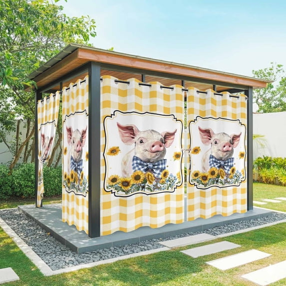 Outdoor Curtains for Patio Waterproof, Pig Sunflowers Outdoor Privacy Panels Grommet, Yellow Floral Elegant Checkered Pastoral Blackout Outside Curtains for Porch/Cabana 54"x95", 1 Panel