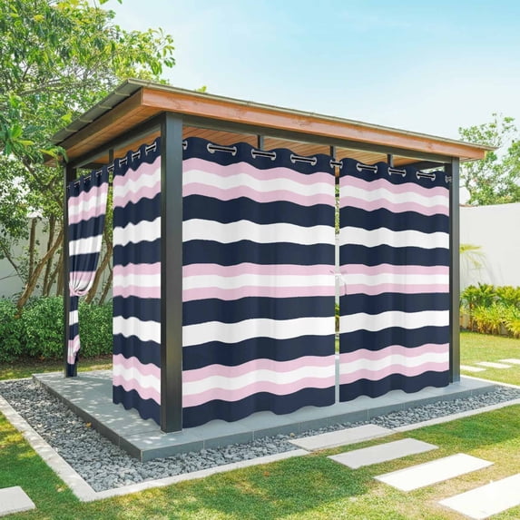 Outdoor Curtains for Patio Waterproof, Pink Navy Blue Striped Windproof Pravicy Outside Porch Blackout Curtain, Minimalist Abstract Lines Artwork Sun Blocking Grommets Curtains for Cabana 54"x84"